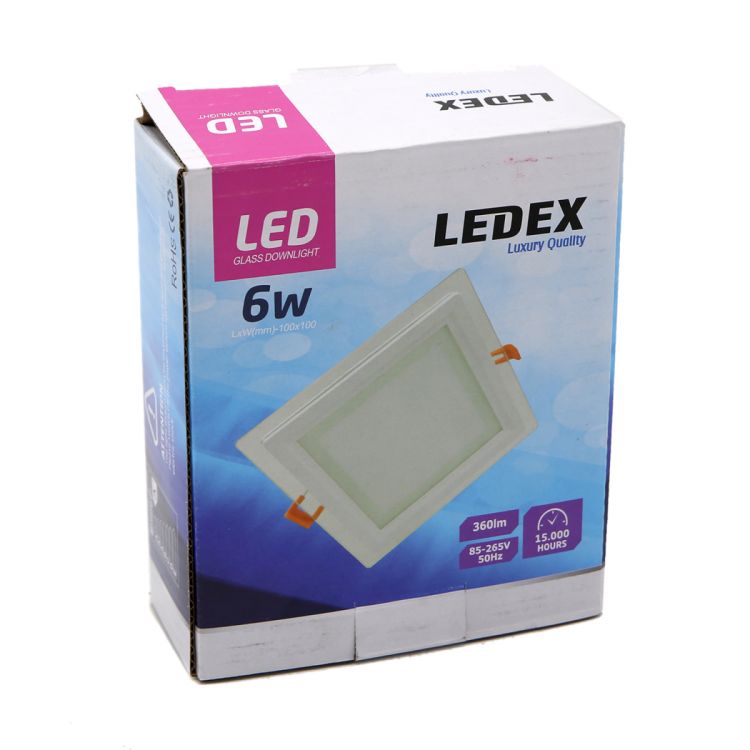 ლედ პანელი ოთხკუთხედი შუშის LEDEX LED Glass Down Light (Square) 6w 6500K სურათი