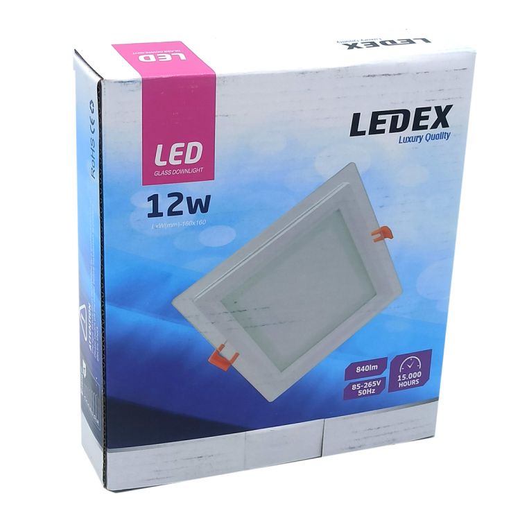 ლედ პანელი ოთხკუთხედი შუშის LEDEX LED Glass Down Light (Square) 12w 6500K სურათი