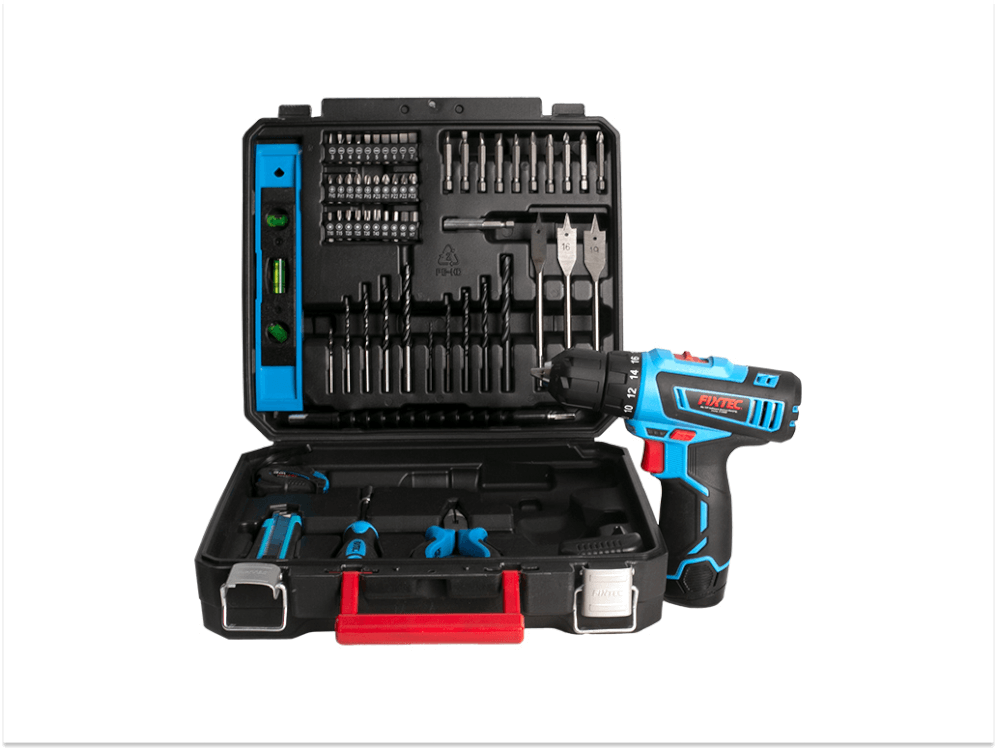 ელექტრო სახრახნისი FIXTEC FCD120K60 – 12V, 28Nm, ორი ელემენტით და ხელსაწყოების ნაკრებით სურათი