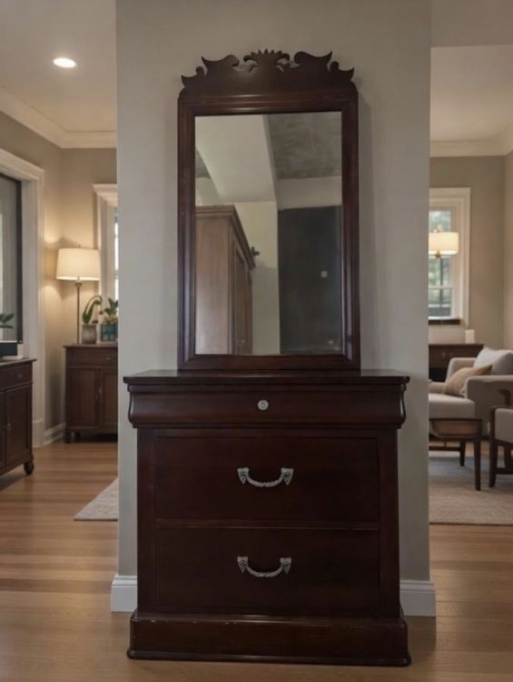Drexel-ის ბრენდის მასიური ხის კომოდი სარკით – პრემიუმ ხარისხი სურათი