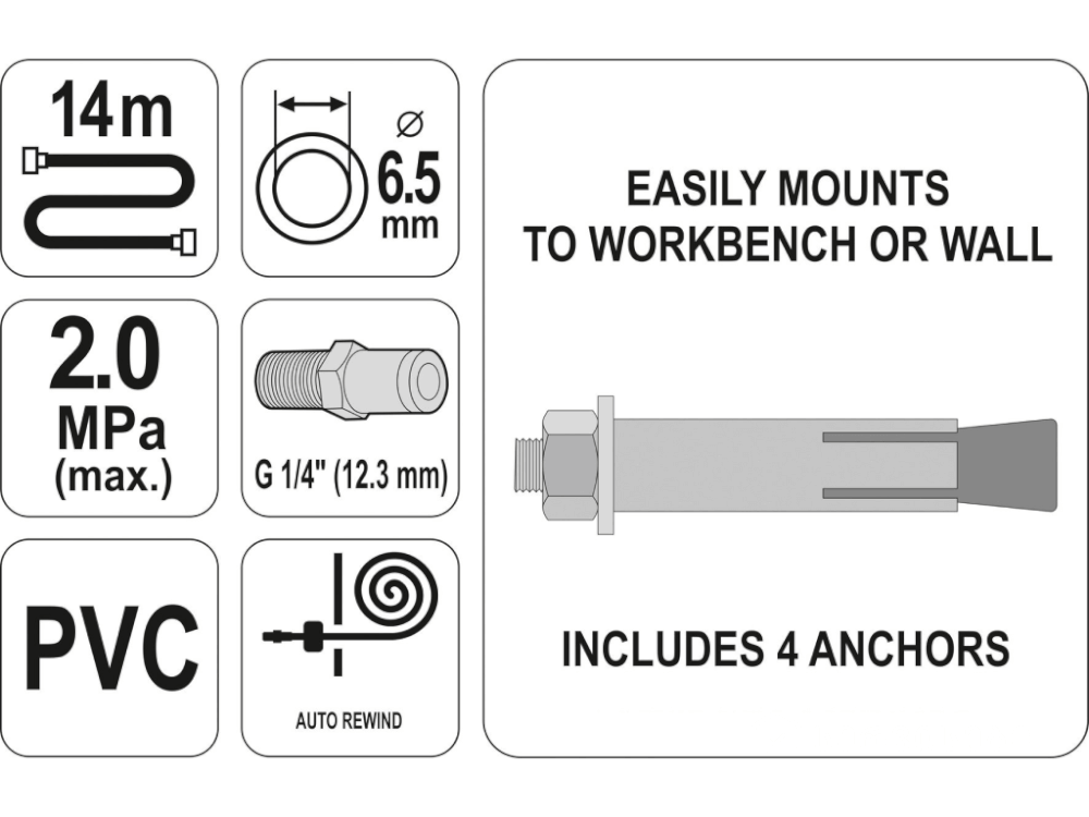 კომპრესორის შლანგი ბარაბნით YATO YT-24243 • 14 მ სიგრძე • 1/4" ზომა სურათი