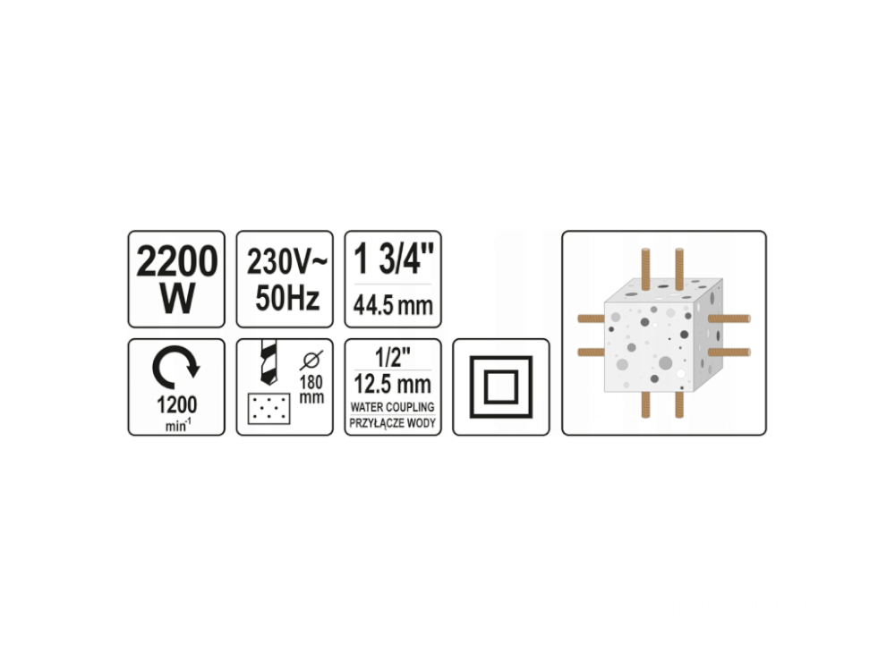 ვერტიკალური ელექტრობურღი YATO YT-81980 • 2200W სიმძლავრე • რკინაბეტონისთვის • წყლის გაგრილებით სურათი