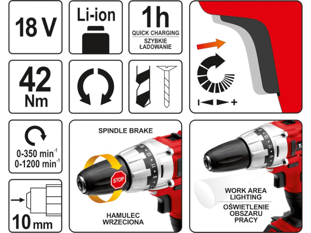 ელექტრო სახრახნისი (შურუპავიორტი) YATO YT-82855 • 18V • 42Nm ბრუნვის მომენტი • 2 ბატარეა • LED განათება სურათი