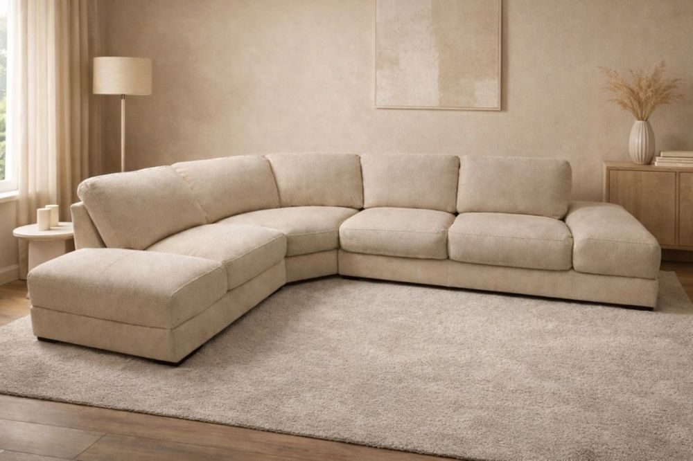 რესტავრირებული კუთხის დივანი – „ბუკლეს“ პრემიუმ ქსოვილით სურათი