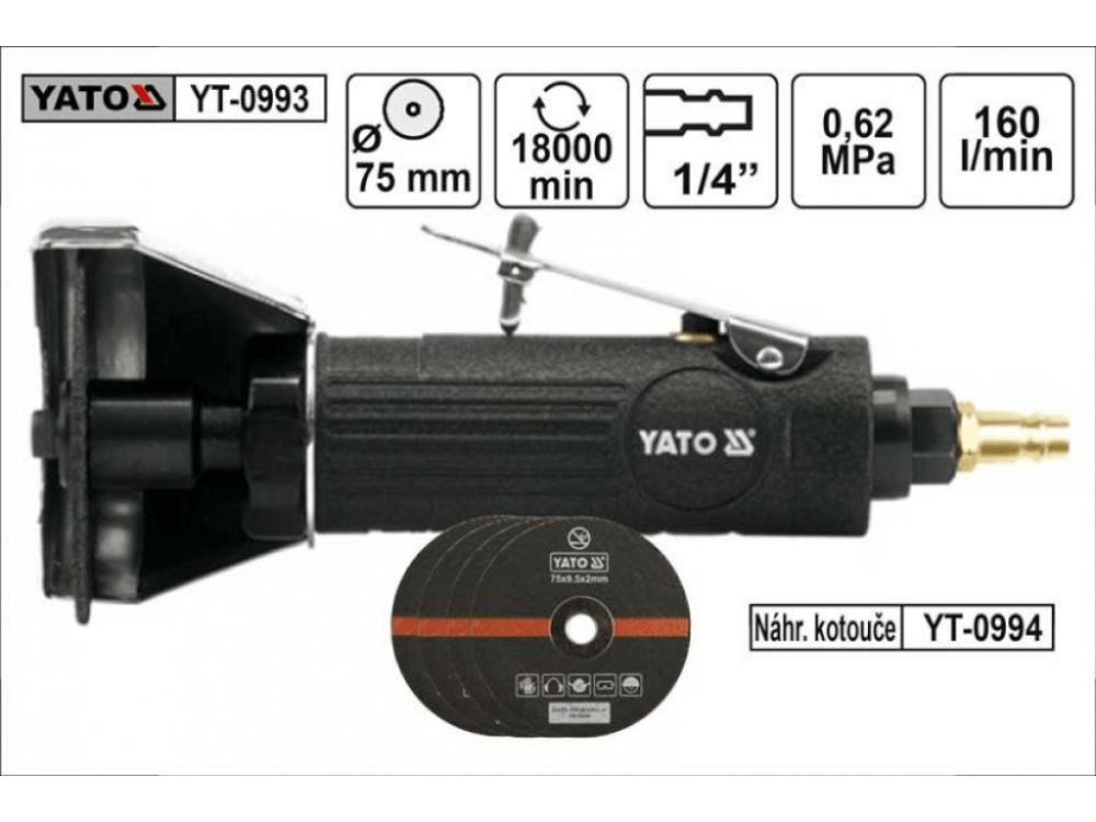 კუთხსახეხი (ბალგარკა) YATO YT-0993 • 18000 ბრუნი/წთ • 6.2 ბარი წნევა • 160 ლ/წთ ჰაერის მოხმარება სურათი