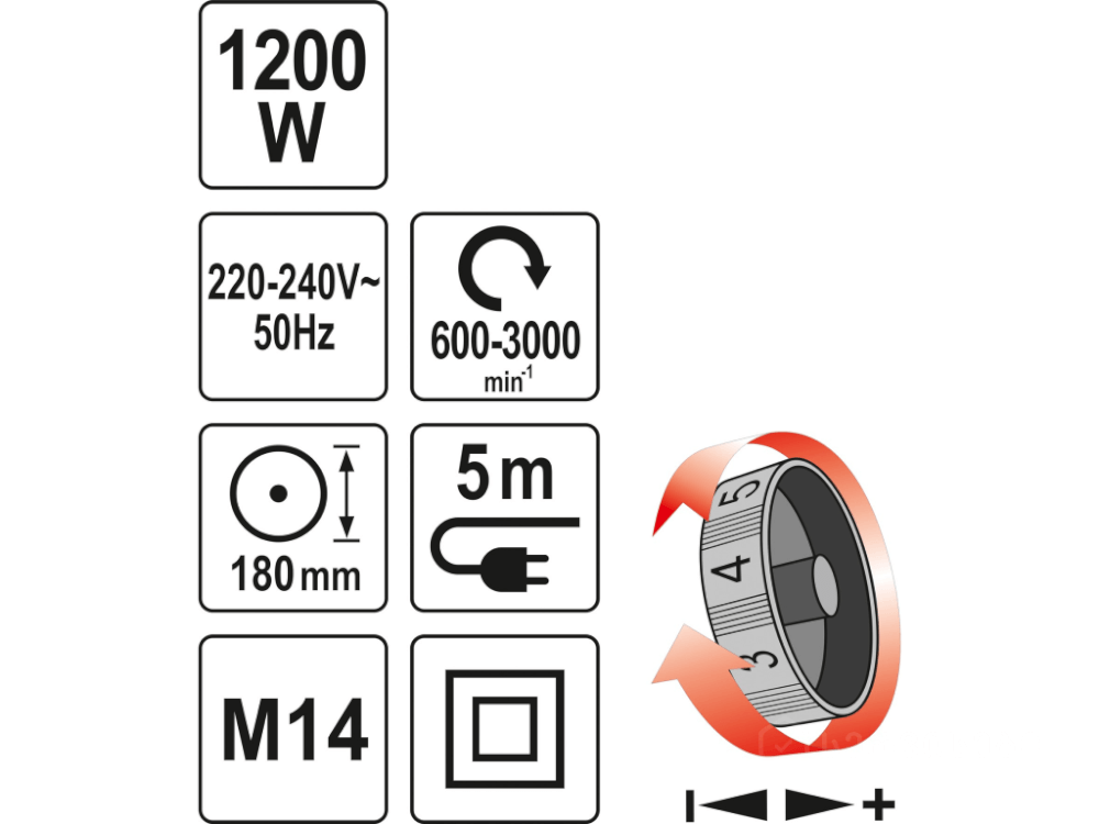 საპრიალებელი კუთხსახეხი (ბალგარკა) YATO YT-82195 • 1200W სიმძლავრე • 180 მმ დისკო • 600–3000 ბრუნი/წთ სურათი