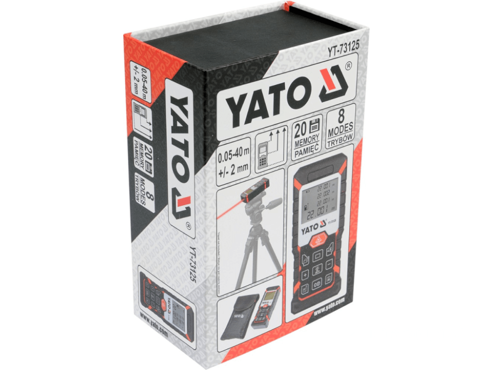 ლაზერული საზომი YATO YT-73125 • 40 მ დიაპაზონი • 2 მმ სიზუსტე • 20 საზომის მეხსიერება • 4 ხაზიანი LED დისპლეით სურათი