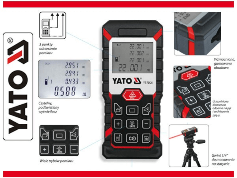 ლაზერული საზომი YATO YT-73125 • 40 მ დიაპაზონი • 2 მმ სიზუსტე • 20 საზომის მეხსიერება • 4 ხაზიანი LED დისპლეით სურათი