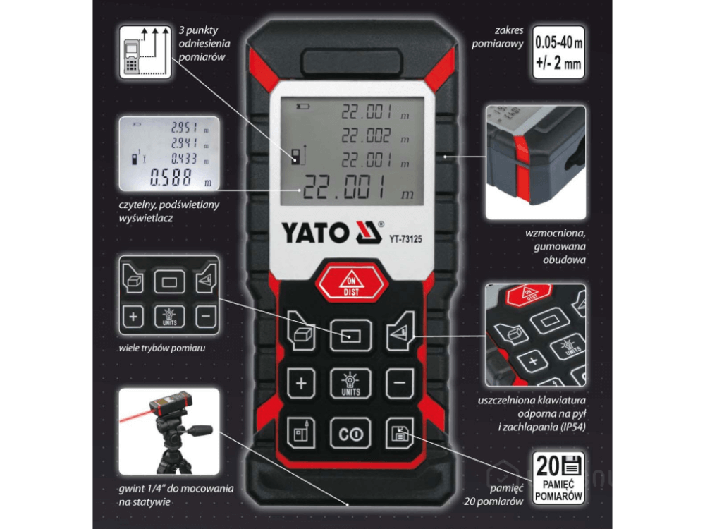 ლაზერული საზომი YATO YT-73125 • 40 მ დიაპაზონი • 2 მმ სიზუსტე • 20 საზომის მეხსიერება • 4 ხაზიანი LED დისპლეით სურათი