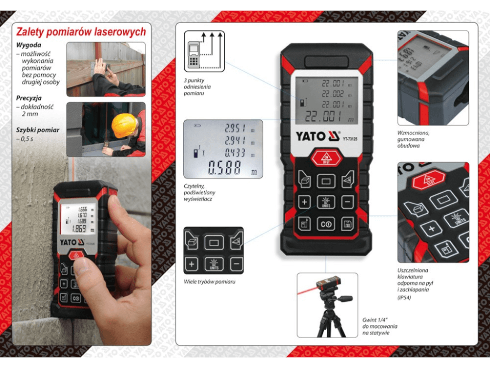 ლაზერული საზომი YATO YT-73125 • 40 მ დიაპაზონი • 2 მმ სიზუსტე • 20 საზომის მეხსიერება • 4 ხაზიანი LED დისპლეით სურათი