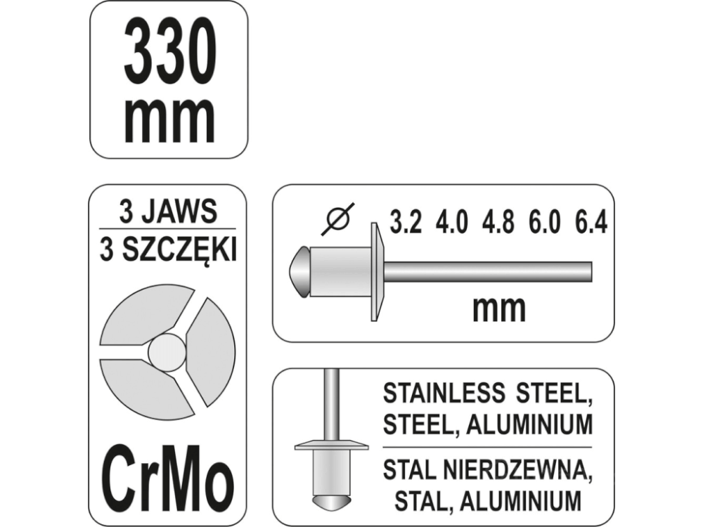 მოქლონვის ინსტრუმენტი YATO YT-3609 • 330 მმ სიგრძე • CrMo ფოლადი • 3.2–6.4 მმ მოქლონის დიაპაზონი სურათი