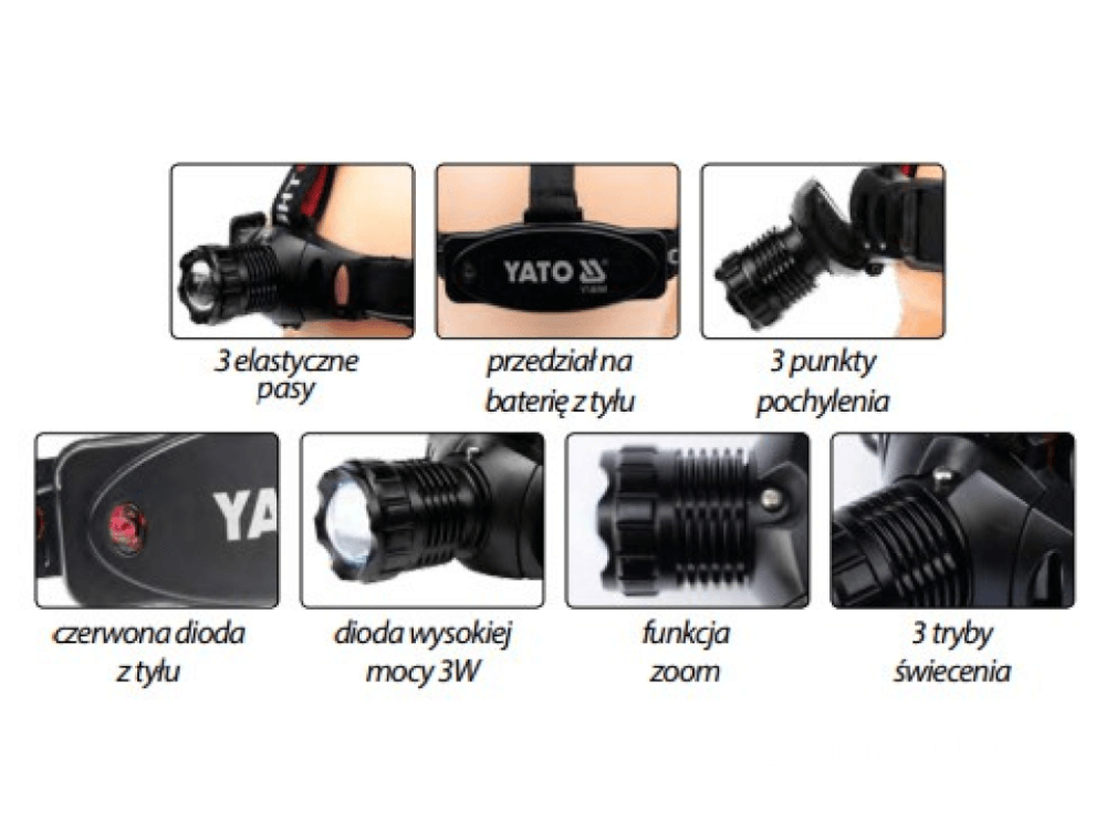შუბლზე გასაკრავი ფანარი YATO YT-08590 • კომპაქტური • 3 განათების რეჟიმით • ელემენტებზე მომუშავე სურათი
