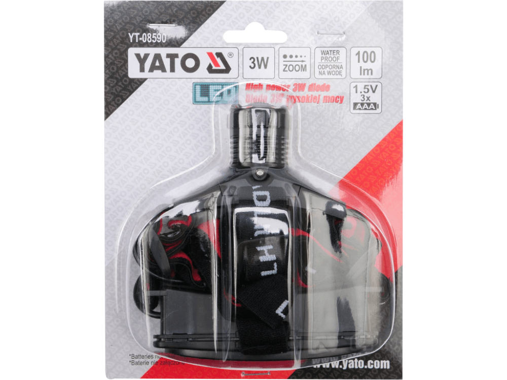 შუბლზე გასაკრავი ფანარი YATO YT-08590 • კომპაქტური • 3 განათების რეჟიმით • ელემენტებზე მომუშავე სურათი