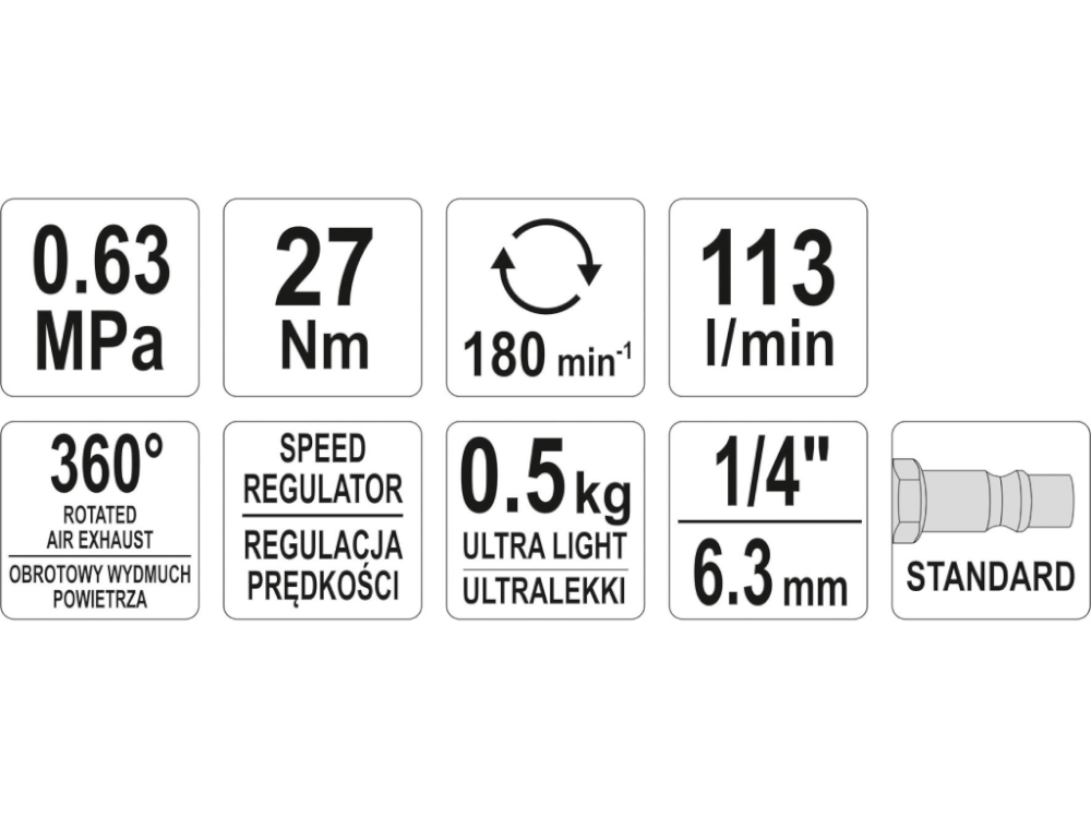 ქანჩის პნევმატური მოსახსნელი YATO YT-09795 • კომპაქტური • 27Nm ბრუნვით • ეფექტური წნევით სურათი