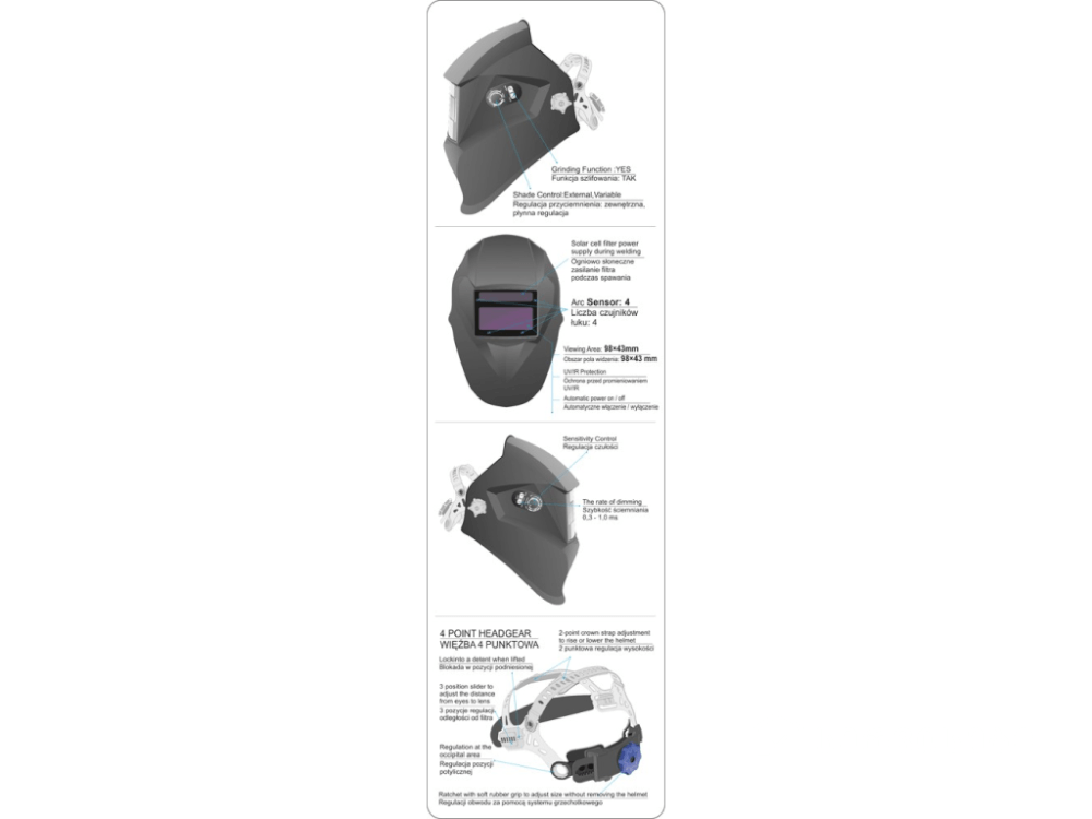 შემდუღებლის ჩაფხუტი YATO YT-73921 • ავტომატური • UV/IR დაცვით • 4 სენსორით სურათი