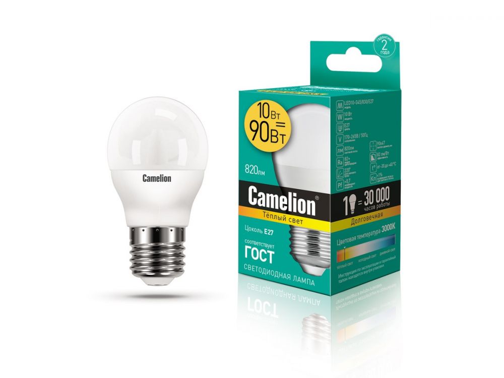 ლედ ნათურა Camelion LED ნათურა Lamp - LED10-G45/830/E27 10ვატი თბილი ნათება სურათი