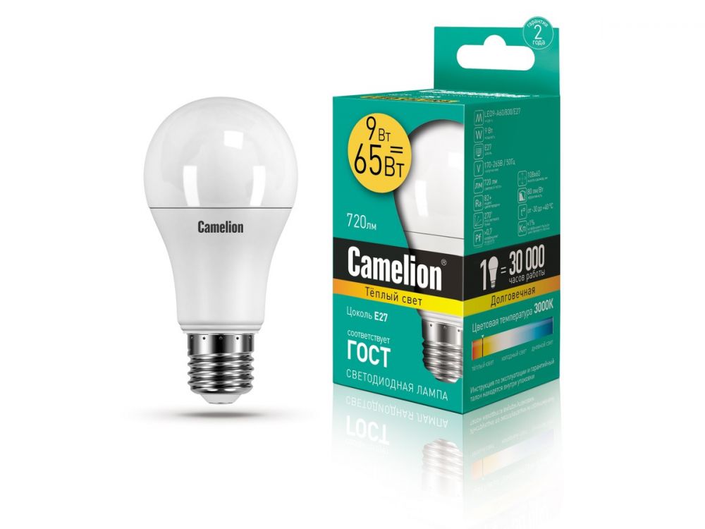 ლედ ნათურა Camelion Led Lamp LED9-A60/830/E27 9ვატი თბილის ნათება სურათი