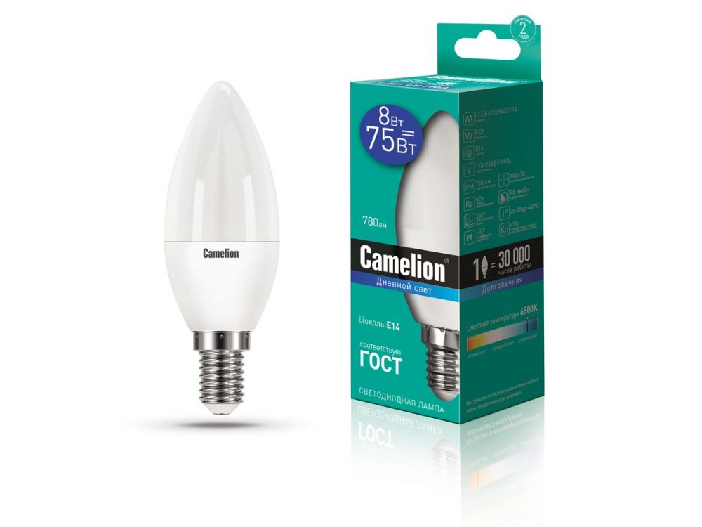 ლედ ნათურა Camelion LED ნათურა Lamp - LED8-C35/865/E14 8ვატი სურათი