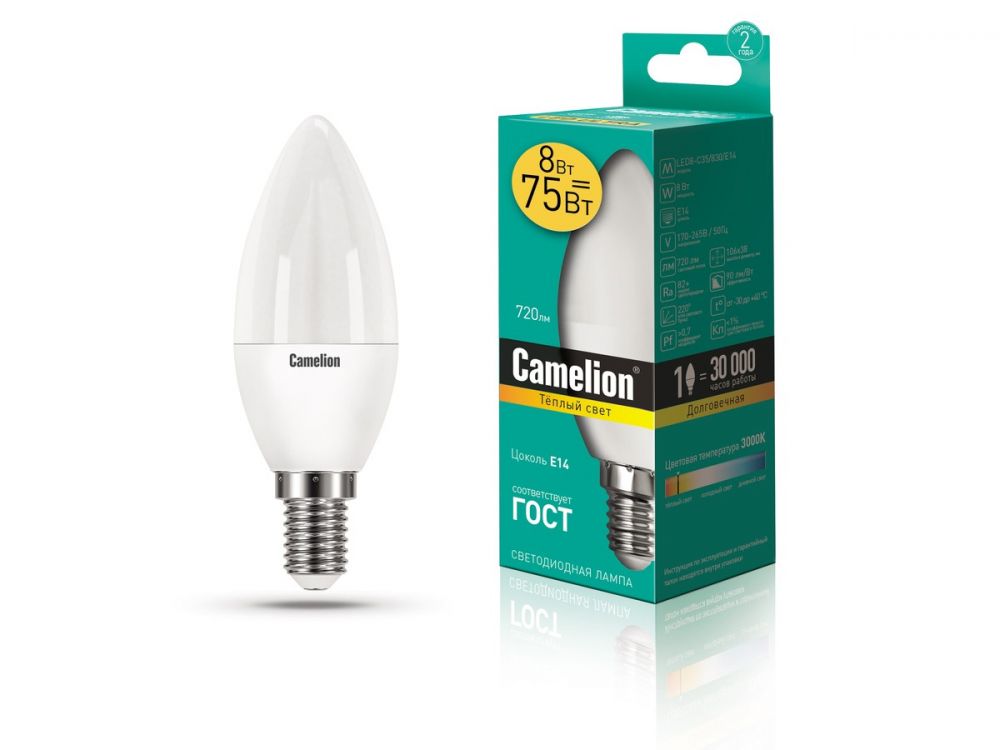 ლედ ნათურა Camelion LED Lamp -LED8-C35/830/E14 8ვატი სურათი