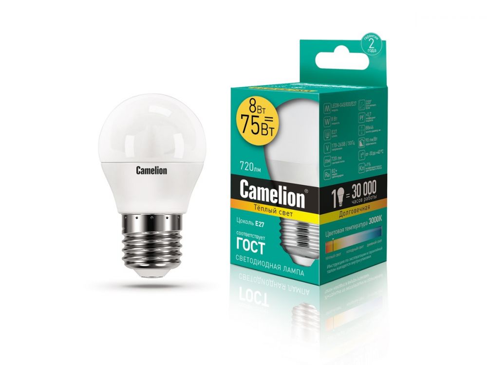 ლედ ნათურა Camelion LED ნათურა Lamp - LED8-G45/830/E27 8ვატი სურათი