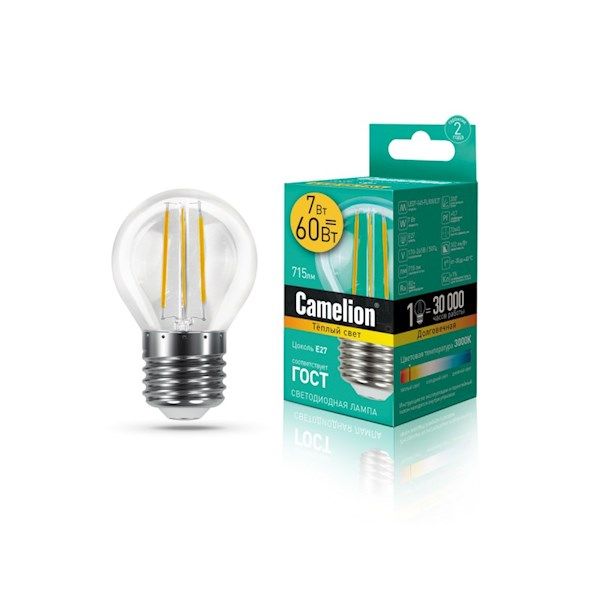 ლედ ნათურა CamelionFilament LED7-G45-FL/830/E27 ფილამენტის  დიოდური ნათურა სურათი