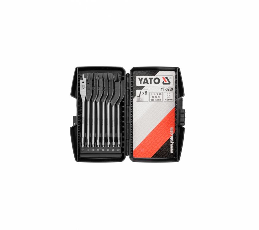 ბრტყელი ბურღების ნაკრები YATO YT-3259 – 8-ნაწილიანი გამძლე კომპლექტი ხის ზუსტი და სწრაფი გახვრეტისთვის სურათი