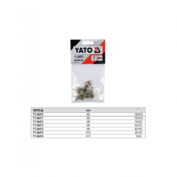 ხრახნიანი მოქლონი YATO YT-36474 M8 (20 ცალი) – გამძლე და მტკიცე რივნატების ნაკრები თხელი ზედაპირებისთვის სურათი