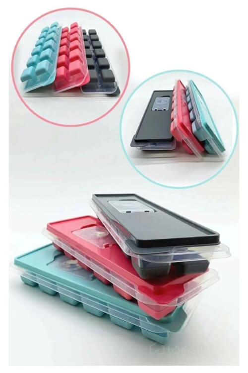 ოთხკუთხედი ყინულის ფორმა - 12 უჯრით, სილიკონის ძირით ადვილად ამოსაღებად, წითელი სურათი