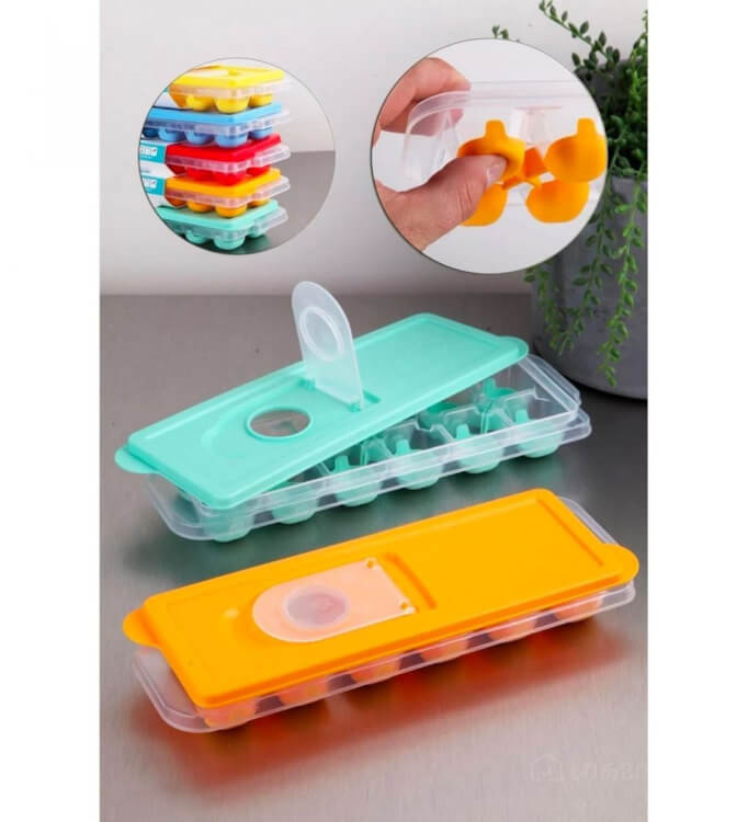 ოთხკუთხედი ყინულის ფორმა - 12 უჯრით, სილიკონის ძირით ადვილად ამოსაღებად, ცისფერი სურათი