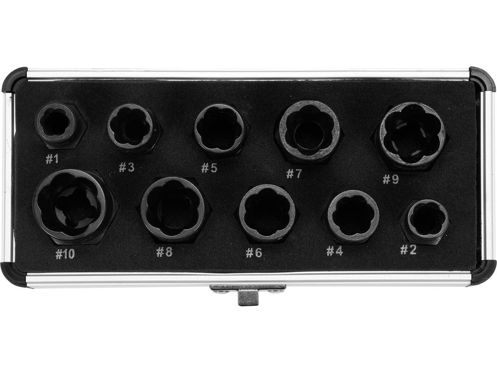 თავაკების ნაკრები YATO YT-06031 – 10-ცალიანი უნივერსალური კომპლექტი დაზიანებული ქანჩების მოსახსნელად სურათი
