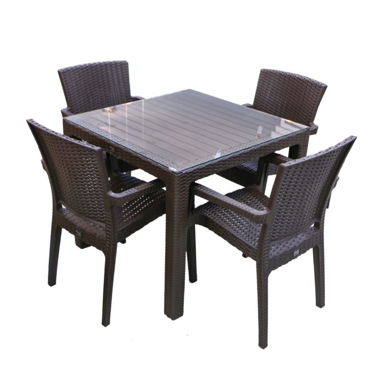 პლასტმასის მაგიდა 4 სკამით BEGONVIL 90*90 შუშით მუქი ყავისფერი CT022B CT066B სურათი