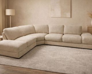 რესტავრირებული კუთხის დივანი – „ბუკლეს“ პრემიუმ ქსოვილით