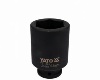 თავაკი YATO YT-1143 43 მმ, 3/4" მაღალი შავი CrMo – პროფესიონალური ღრმა თავაკი მჭიდროდ დაჭერილი ქანჩებისთვის